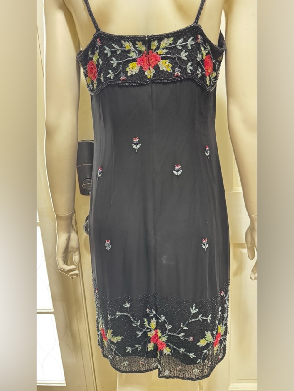 Vintage CACHE Black Midi Slip FORMAL Pink Floral Embroidery dress Sz 8 A - Picture 5 of 11
